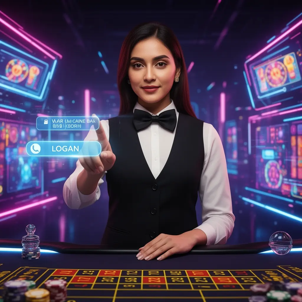 FA999 Login – Fast and smooth account access for players in Bangladesh Professional Bangladeshi casino staff member interacting with a digital login interface in a neon FA999 gaming environment